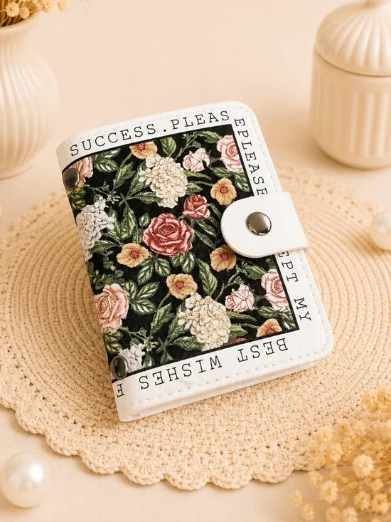Floral Snap Card Holder Wallet - Black Floral Print with Cream Trim-NWOT