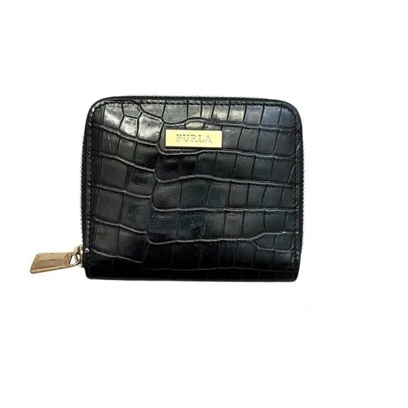 Furla black embossed leather zippy wallet