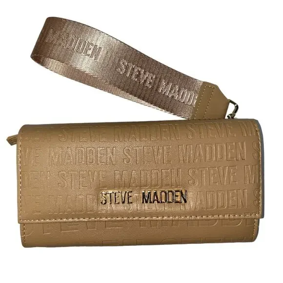 Steve Madden Tan Camel & Gold Zip-Around Wide Strap Wristlet Wallet