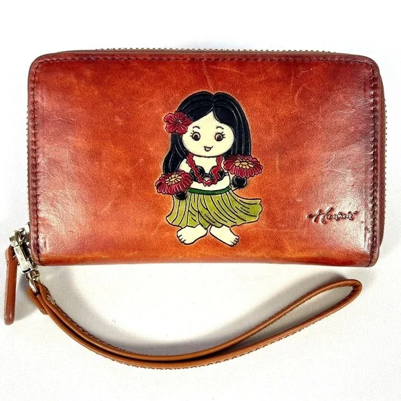 Hawaiian‎ Hula Girl Leather Wristlet Wallet Hawaii Tropical Y2K Island Zip