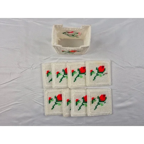 Vintage Handmade Plastic Canvas Coaster Set 8pc Red Rose Floral Cottagecore‎