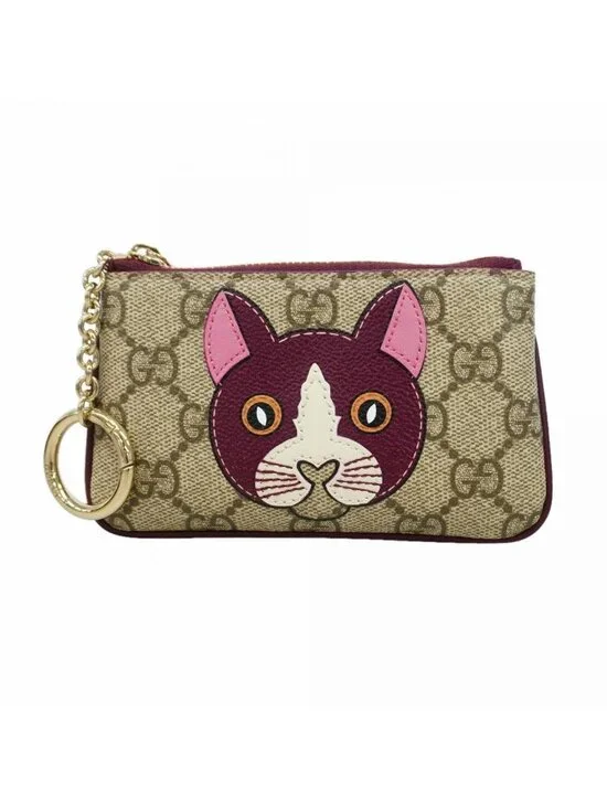 Gucci Coin Case GG Supreme Cat Detail Brown Bordeaux Gold