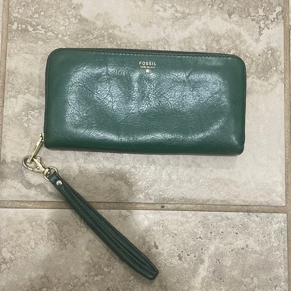 FOSSIL Sydney Green Leather Zip‎ Clutch Wallet Wristlet Organizer SL4265