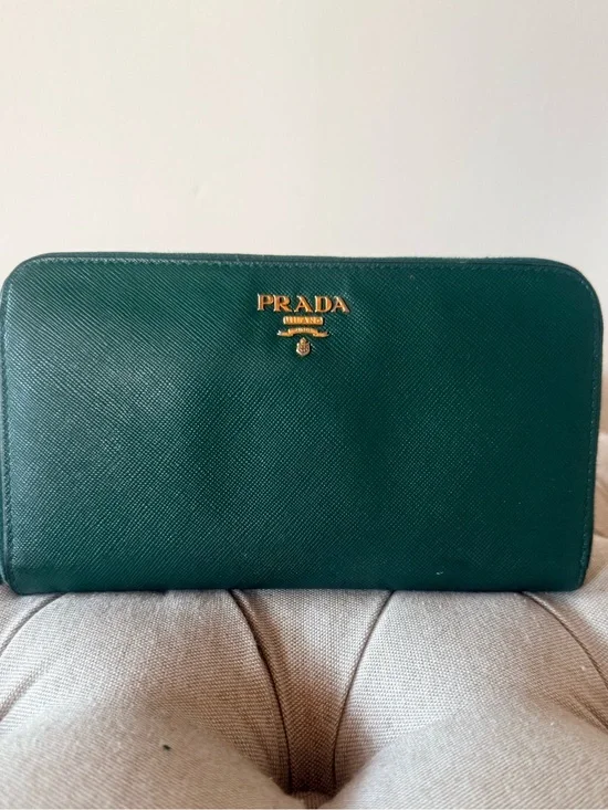PRADA Emerald Green Saffiano Leather Zip Around Wallet Long Continental