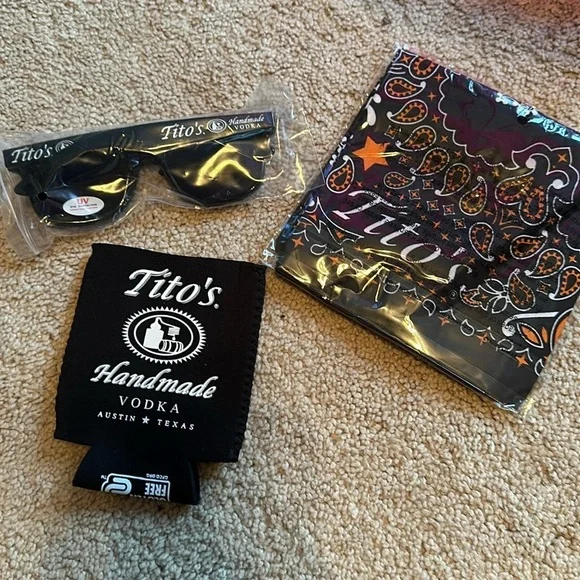 Tito’s merch! Bandana, koozie, sunglasses