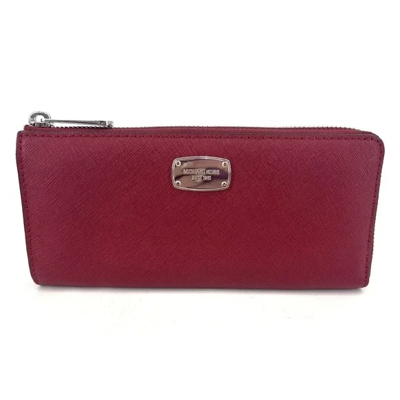 Michael Kors Large Zip Around Wallet Red Burgundy Silver Hardware