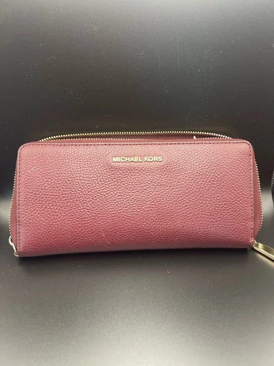 Michael Kors Oxblood Zip-Around Pebbled Leather Wallet with Gold Hardware