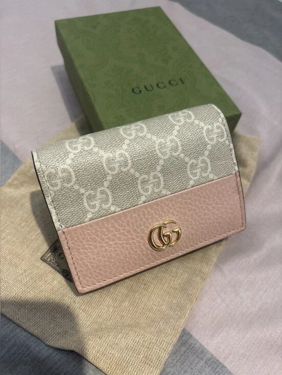 Gucci Beige GG Canvas and Pink Leather Mini Wallet with Gold Double G