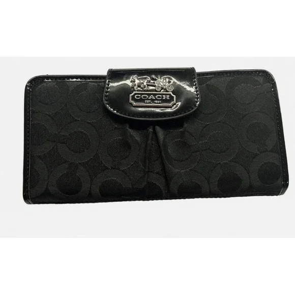 Coach Madison Op Art Logo Black Canvas Slim Wallet 41985 Pink‎ Leather Lined