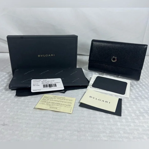 Bvlgari Grain Leather Continental Wallet Black Logo Snap