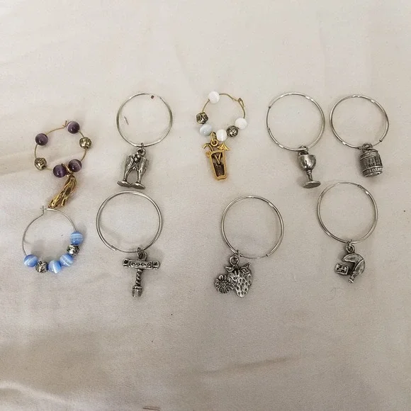 Wine themed Glass Charms Mixed Colors Excellent Beaded Metal 9pc Set