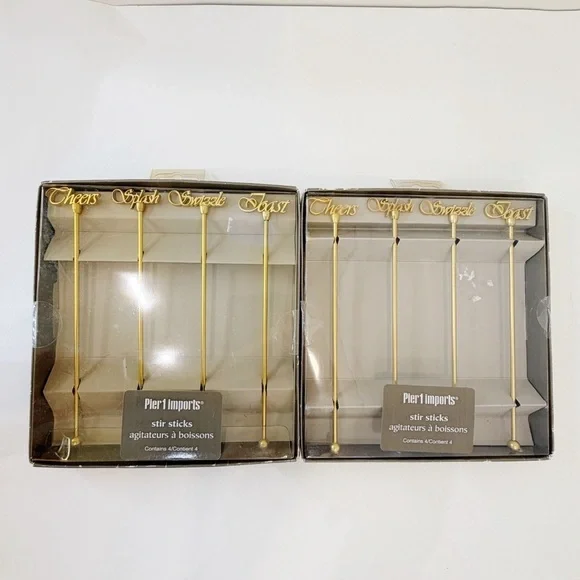 Pier 1 Lot of 8 Brass Tone Swizzle Stir Sticks NIB New Years Cheers Toast