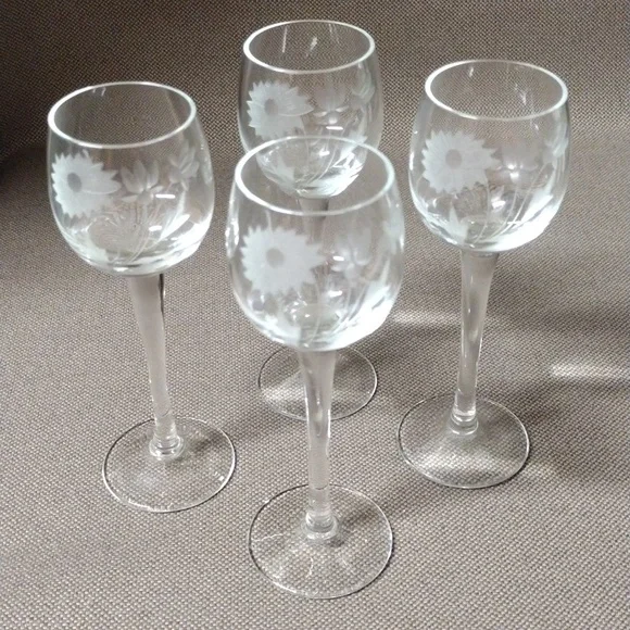 Vintage Crystal Stemware set / Cordial with Etched Flowers