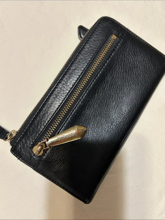 Perlina Black Leather Zip Wallet Wristlet with Gold Hardware