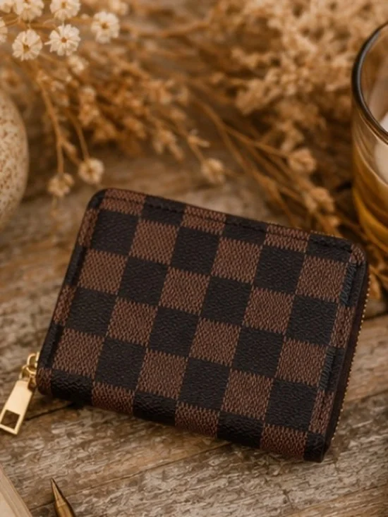 Brown Checkered Zip Wallet | Compact Card Holder|Designer Inspired