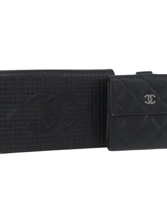 CHANEL Wallet Leather 2 Set Black CC Auth BA12679