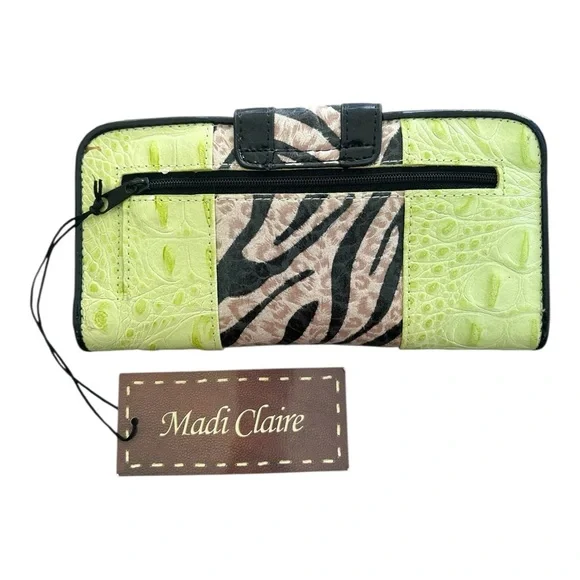 NWT Madi Claire Women's Textured Leather Wallet Lime Green Animal Print 7