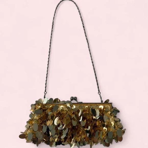 Vintage‎ Gold Large Paillette Sequin Clutch Purse Chain Strap Kiss Clasp