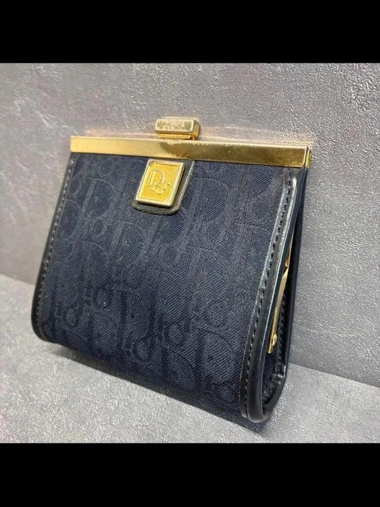 Dior Navy Blue Monogram Frame Wallet with Gold Hardware