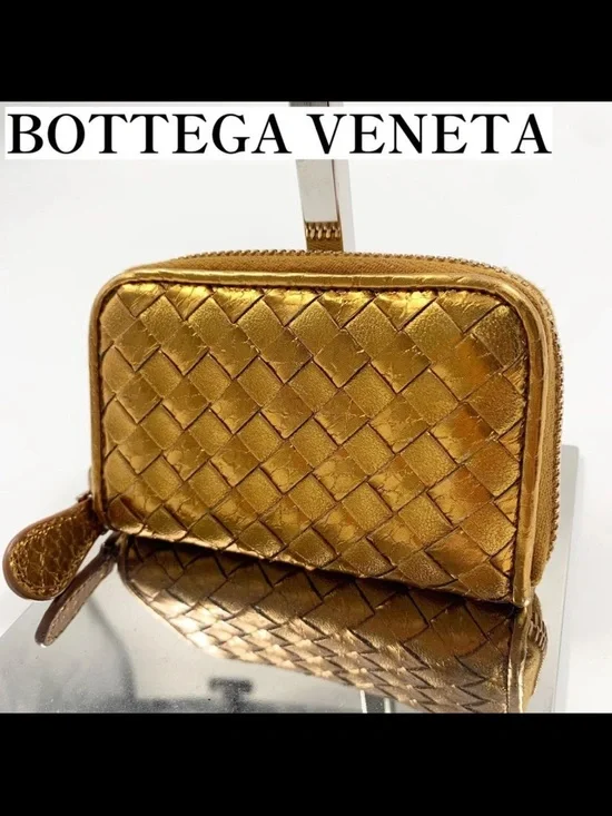 Bottega Veneta Gold Intrecciato Zip Card Wallet