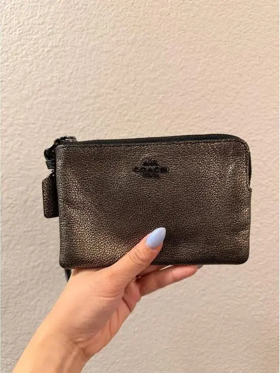 Coach Bronze/Black Leather Wristlet with Zipper Closure