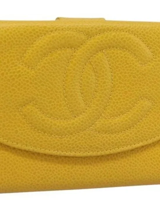 CHANEL COCO Mark Bifold Wallet Grained Calf Skin Yellow CC Auth 188105M