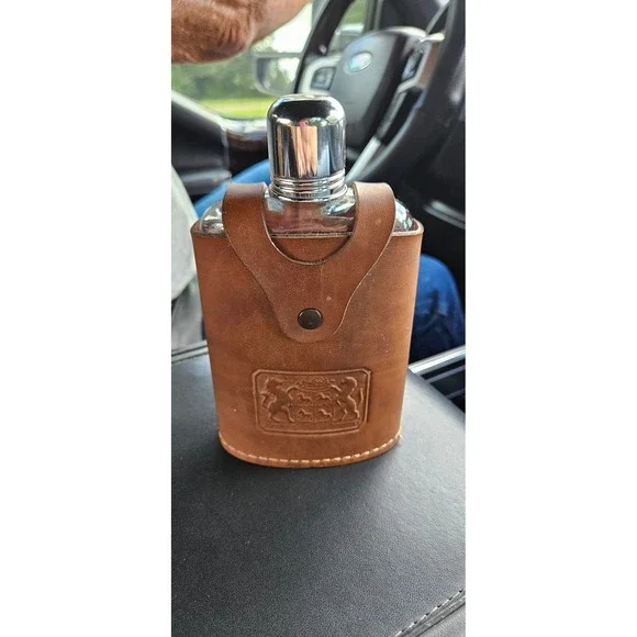 Vtg. Irwinware Glass Hip Flask Leather Case Embossed Crest Jigger Cap USA Made
