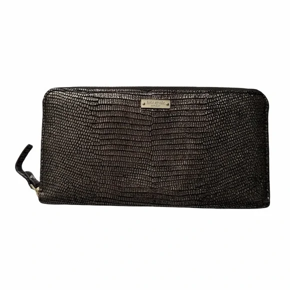 Kate Spade Snakeskin Embossed‎ Leather Metallic Zip Large Wallet in Brown/Gold