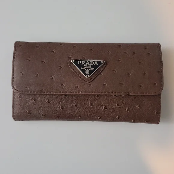 Prada Brown Ostrich-Effect Leather Wallet with Triangle Logo