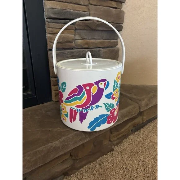 Vintage 1980’s Tropical Parrot Plastic Ice Bucket With Kid