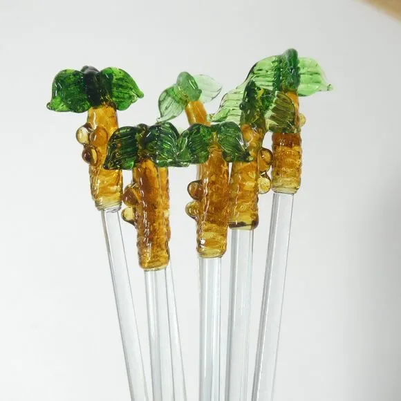 Cocktail Stirrers Palm Trees Hand Blown Glass Set of 7 Vintage Swizzle Sticks