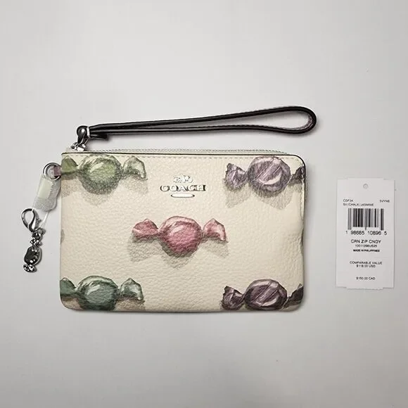 NWT COACH CDF34 Corner Zip Wristlet With Candy Print And Charm Chalk/Jasmine V2
