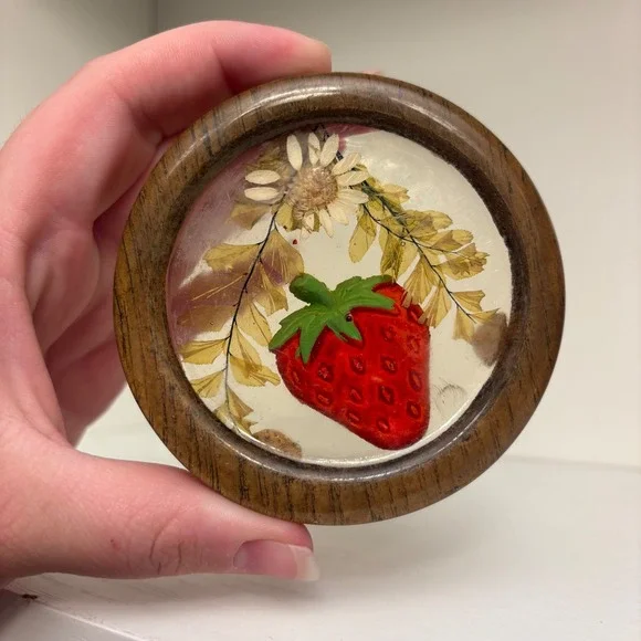 VTG Gamut Designs Strawberry Pressed Flower Resin Coaster Made in USA Wood Rim