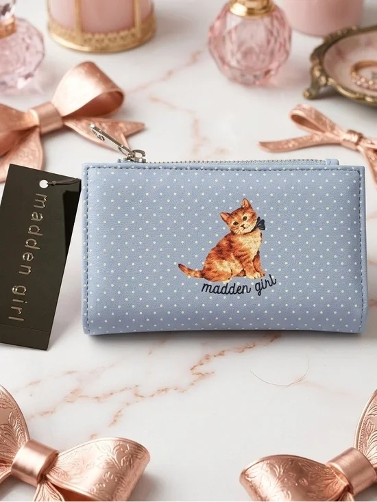 MADDEN GIRL Blue Polka Dot Cat Zip Wallet NWT