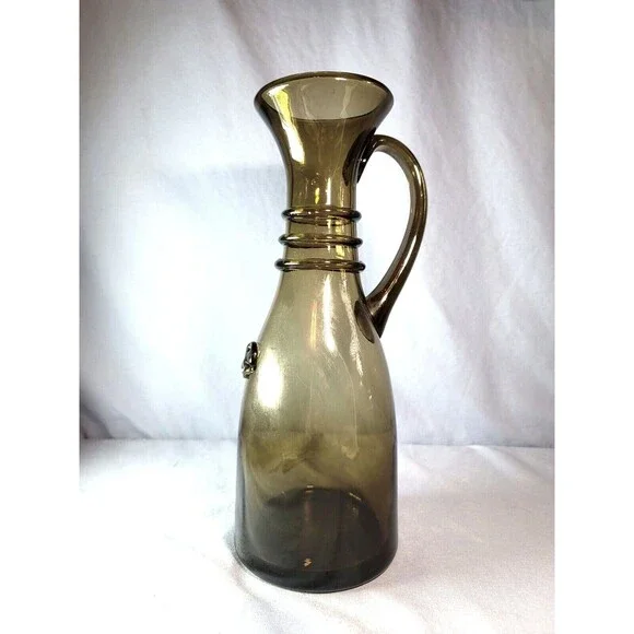 Italian Wine Decanter Vase Dark Smoke Colored Neck Rings 13.5''T VTG Italy Made