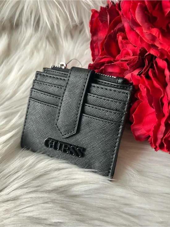 GUESS Black Saffiano Card Case Wallet with Logo