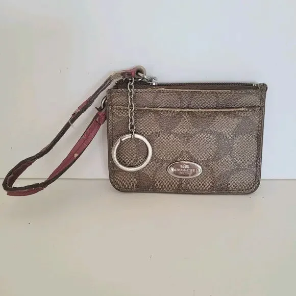 Coach Small Wristlet Pink Brown Wallet Card Ring Zip‎ Crossgrain Leather Fair