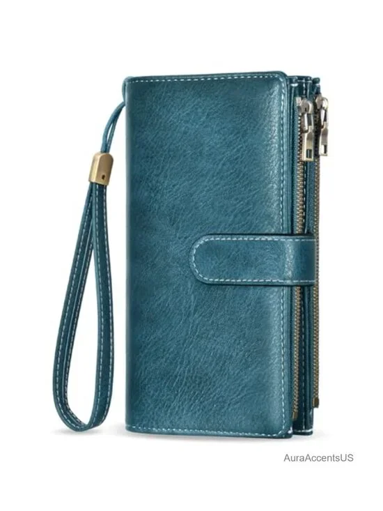 Women RFID Blocking PU Leather Card Holder Large Capacity Zip Wristlet Clutch