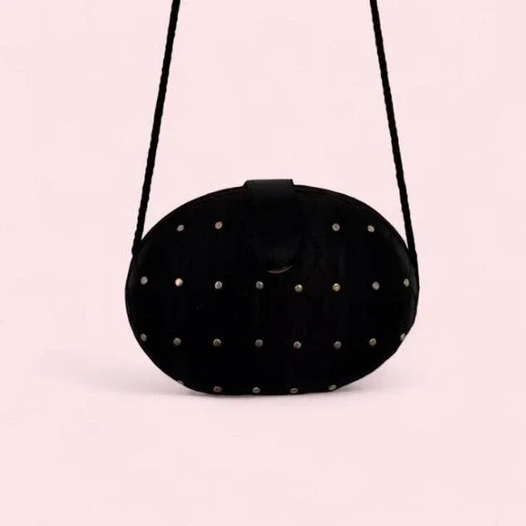 Vintage Black Quilted Studded Oval Crossbody Bag w/ Gold Hardware‎