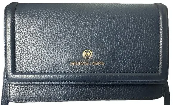 Michael Kors Jet Set Zip-Around Wallet Medium Pebbled Leather Navy Blue NWT