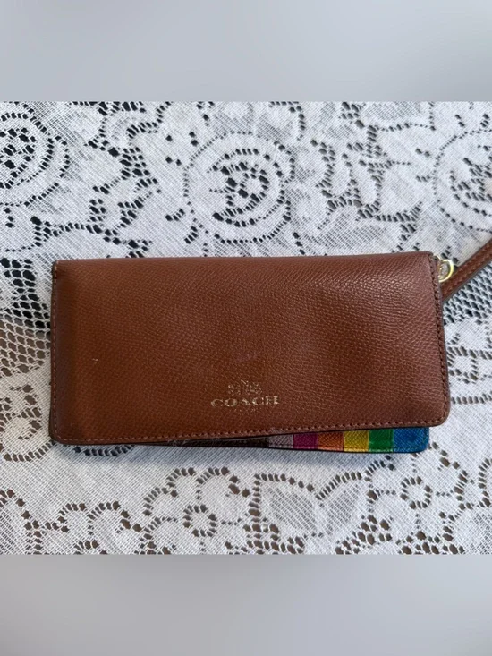 Coach Brown Leather Zip Wristlet with Rainbow Stripe Accent
