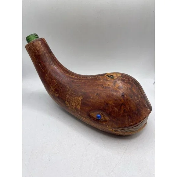 Italian Brown Leather Whale Liquor Glass Bottle Decanter : Blue Eye : EMPTY