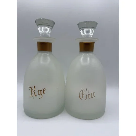 Vintage Frosted Glass Rye & Gin Decanter w/ Glass Stopper : MCM Gold Lettering