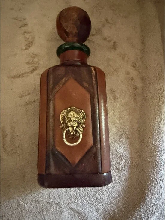 Vintage Leather Decanter Green Glass Italy Lion's Head