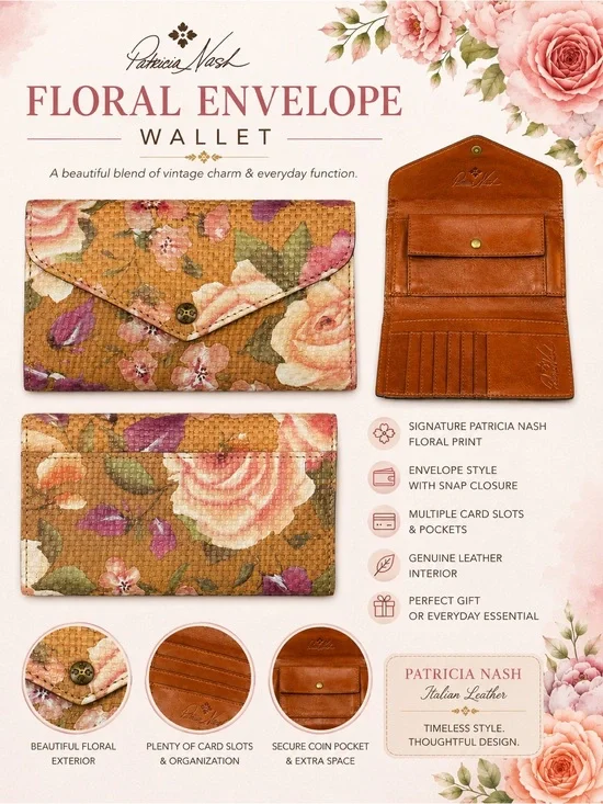 Patricia Nash Cori Rose Floral Envelope Wallet Clutch RFID
