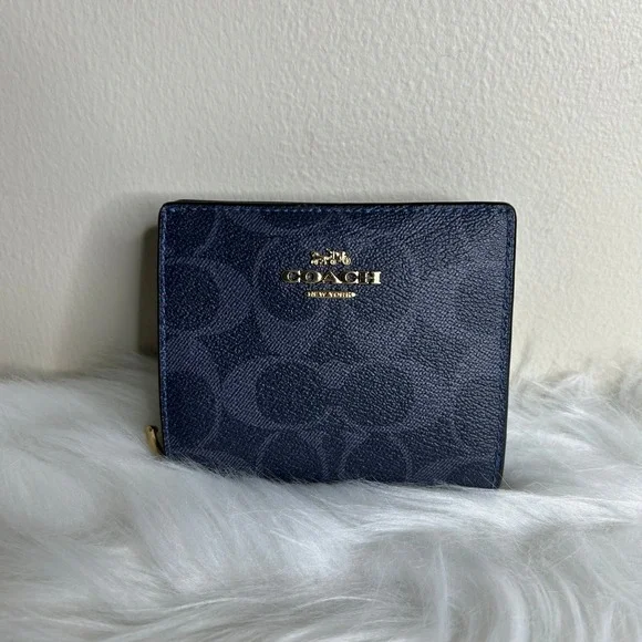 Coach Snap Wallet Midnight Denim‎ Signature Canvas Leather C3321 Excellent