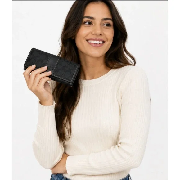 COACH Signature Canvas Checkbook Wallet Black Leather Trim Long Bifold Wallet