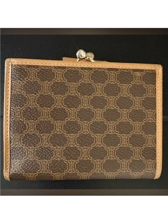 Beautiful Preloved Celine Brown and Tan Signature Kiss Lock Wallet!