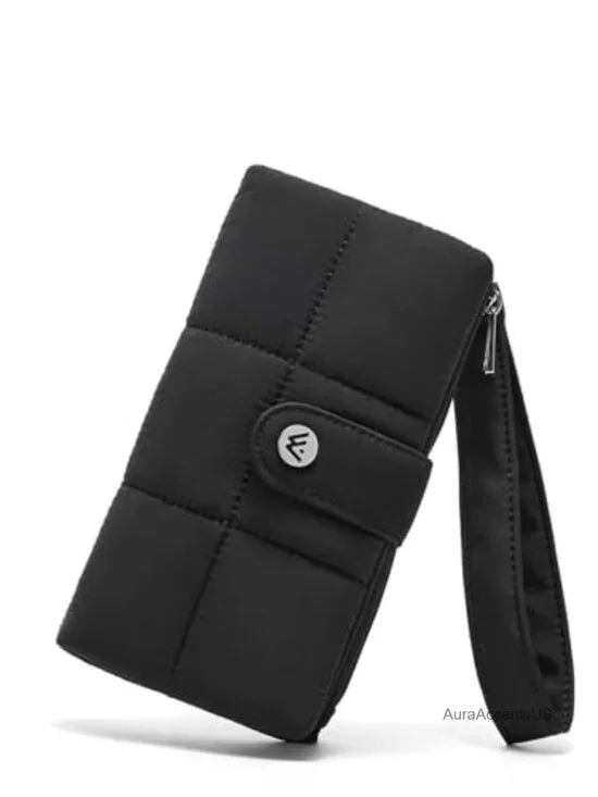 RFID Blocking Puffer Wristlet Wallet with 13 Card Slots & Detachable Strap
