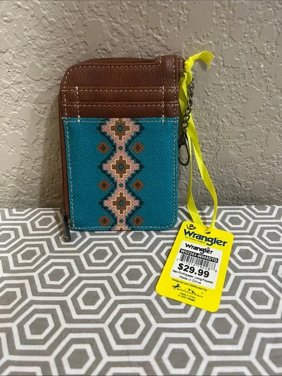 Wrangler Teal & Brown Aztec Zip Card Case with Yellow Strap